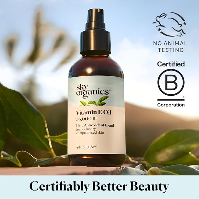 Sky Organics Vitamin E Oil Blend for Face, Organic Antioxidant Facial Oil, 36,000 IUs to Deliver Reparative Moisture and Soothe Dry, Damaged Skin, 100% Pure & Cold-Pressed, 3.97 fl oz, 117 ml