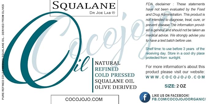 Dr Joe Lab Squalane Oil Pure Plant Derived Refined Cold Pressed Squalene From Olives Vegan Undiluted Bulk Carrier Oil for Face Skin Hair Body Cosmetics Natural Cleanser Moisturizer (2 oz)