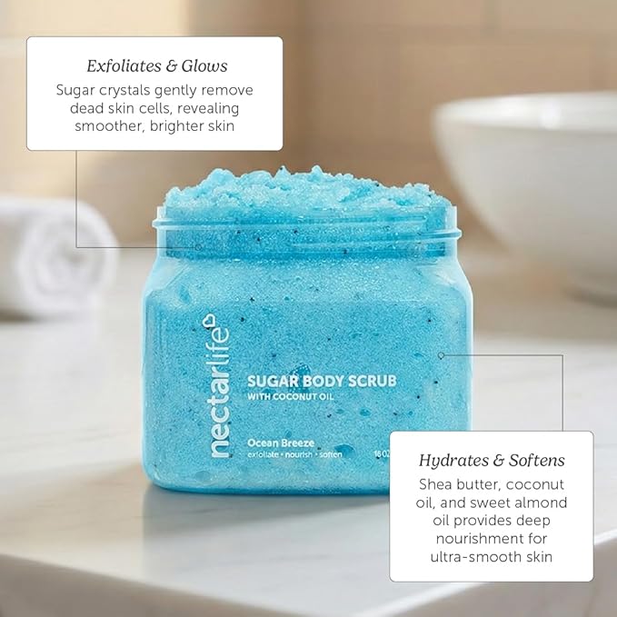 Nectar Life Exfoliating Sugar Scrub, Moisturizing Body Scrub with Coconut Oil & Shea Butter, Pre Shave Exfoliator (16 Ounce, Ocean Breeze)