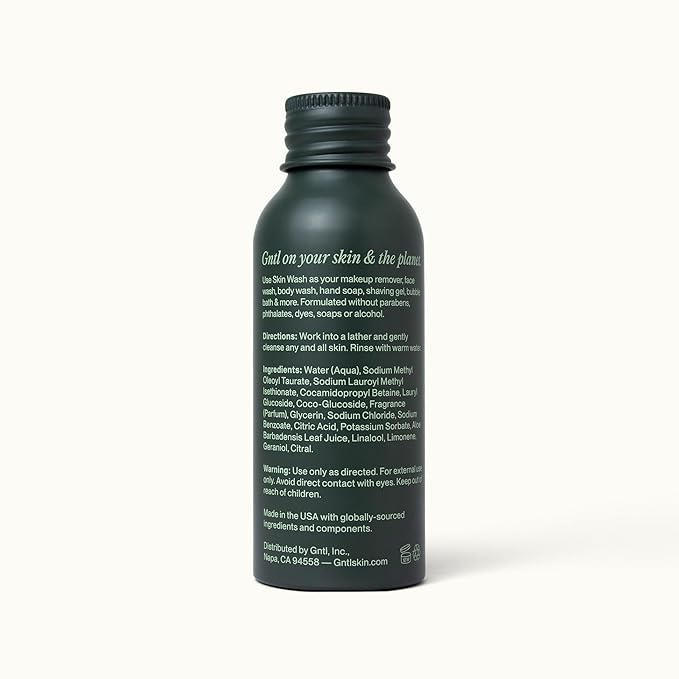 Gntl - Skin Wash | Aloe, Glycerine, Baby-Safe Surfactants | Cleanse Without Drying | Remove Dirt, SPF, Makeup | Facial-Grade Ingredients For All Skin Types, Men + Women (Travel; 100 ml | 3.4 fl oz)