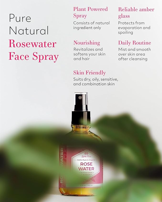 Rose Water Facial Toner by Leven Rose, Pure Natural Moroccan Rosewater Hydrosol Face Spray 4 oz