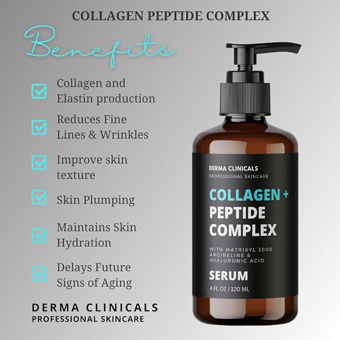 DERMA CLINICALS Collagen Peptide Serum with Matrixyl 3000 + Argireline, Hyaluronic Acid Serum, Anti-Aging Collagen Face Serum, Firming and Plumping, Anti-Wrinkle Serum for face - 4oz