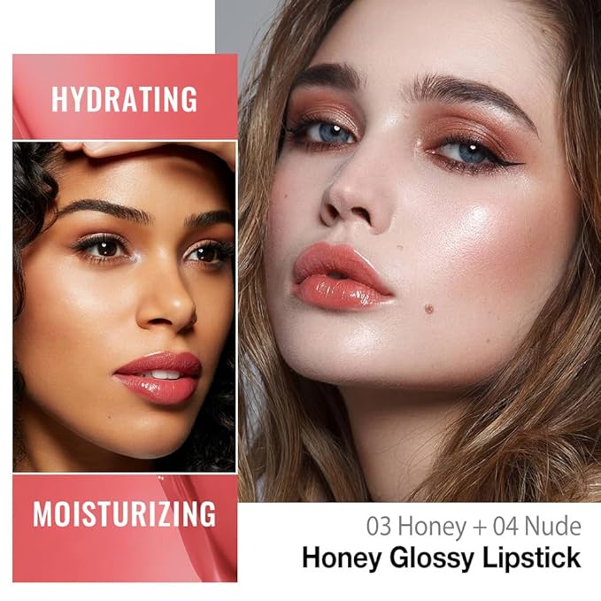 Honey Lipstick Tinted Lip Balm - Shine Moisturizing Lipstick for Women, Natural Nourishing Hydrating Lip Gloss Stain for Dry Lips, Tint Sheer Lightweight Makeup, Vegan - 2Pc Honey & Nude