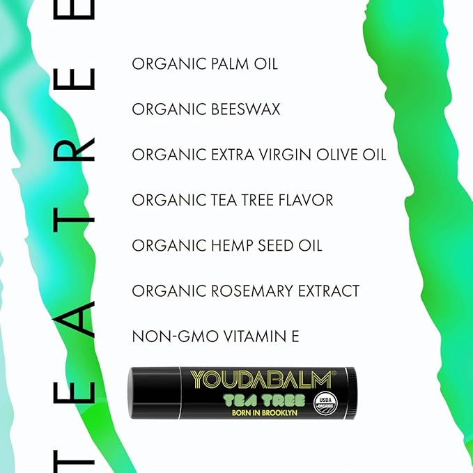 Organic Lip Balm, Tea Tree Flavor - 100% Natural Lip Moisturizer, USDA Certified - Lip Balm for Dry, Cracked Lips (2 Pack)