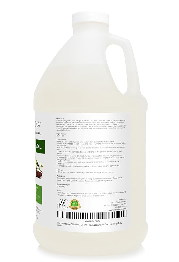 velona Jojoba Colorless Oil 1 Gallon / 128 Fl Oz | 100% Pure and Natural Carrier Oil | Clear, Refined, Cold Pressed | Moisturizing Face, Hair, Body and Skin Care | Use Today - Enjoy Results