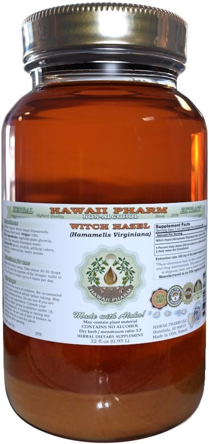 Hawaii Pharm Witch Hazel Alcohol-Free Liquid Extract, Witch Hazel (Hamamelis Virginiana) Bark Glycerite Natural Herbal Supplement, USA 32 fl.oz