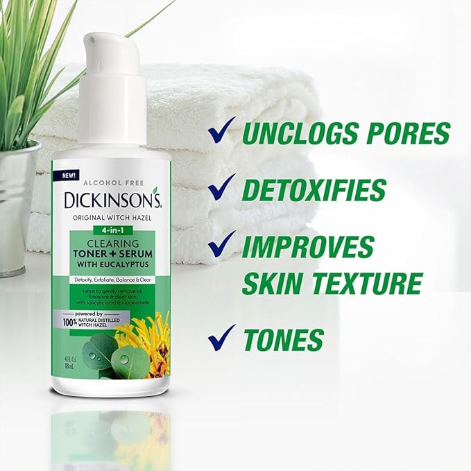 Dickinson's Original Witch Hazel Clearing Toner + Serum with Eucalyptus | 100% Natural Distilled Witch Hazel | Alcohol-Free | Detoxifies & Tones Skin | Unclogs Pores | 4 Fl Oz