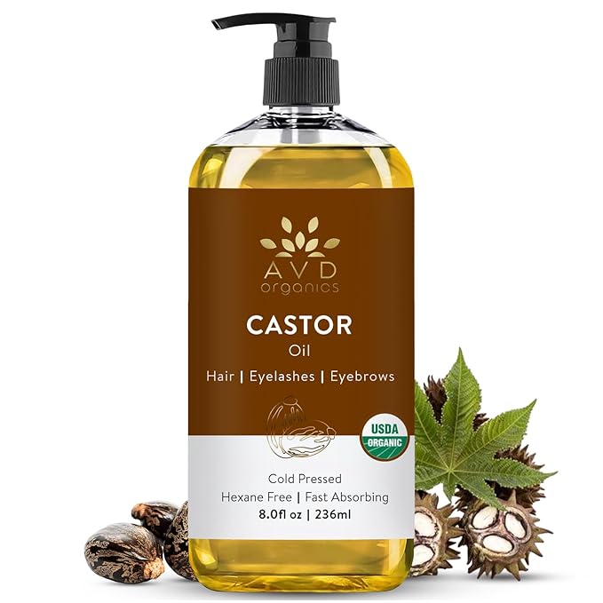 AVD Organics Castor Oil 236 ML– 100% Pure USDA Certified Organic Castor Oil for Hair Growth Big Bottle with Pump (8 oz)