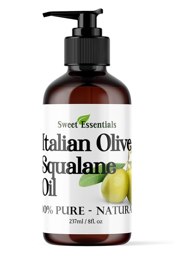 Sweet Essentials Italian Olive Squalane Oil, 8oz with Pump, Imported From Italy, 100% Pure Olive Derived, Vegan, Anti-Aging, Non-Greasy, For Face, Skin & Hair