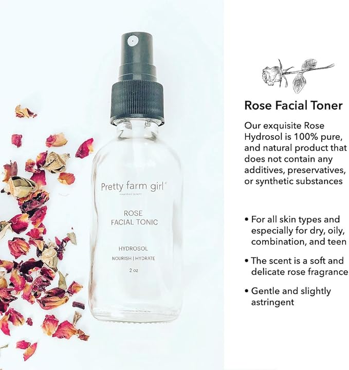 Pretty farm girl Pure Rose Facial Toner - Nourish & Hydrate - Hydrosol - for Dry, Oily, or Combination Skin - Rose Scent - All Skin Types - Teen & Adult - 2 oz