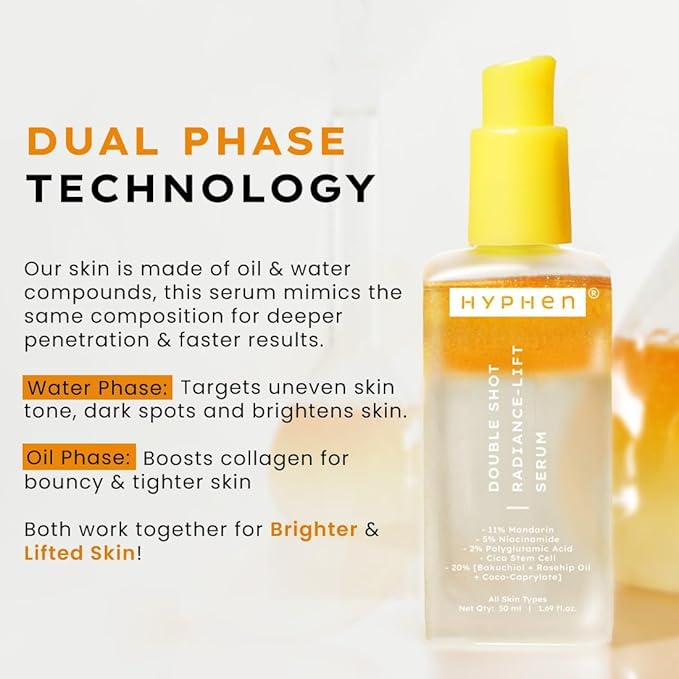 Hyphen 18% Brightening + 20% Collagen Face Serum | Double Serum with 11% Mandarin 5% Niacinamide 2% PGA & Bakuchiol | Winter Skincare | Brightening, Hydrating & Collagen Boost for Dry Skin - 50ml