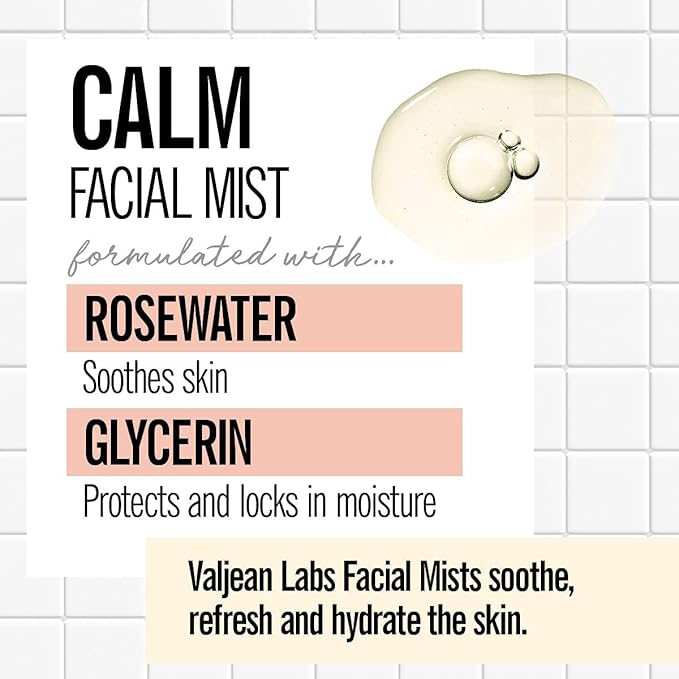 VALJEAN LABS Face Mist - Calm | Rosewater + Glycerine | Calms, Moisturizes, Soothes | Helps to Even Complexion | Paraben Free (8 oz)