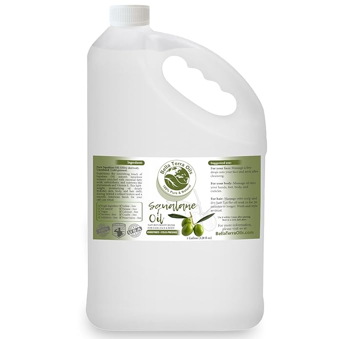 Bella Terra Oils - Organic Squalane Oil Gallon (128oz) - Pure Organic Squalanes Extract, Enriched with E-Vitamins & Omega Fatty Acids, Elevate Your Skin Care Regimen