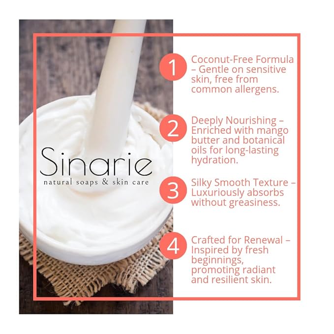 Sinarie Coconut-Free Body Butter – Ultra-Nourishing Moisturizer with Mango Butter, Avocado Oil & Jojoba Oil – Hydrating & Non-Greasy Lotion for Sensitive Skin (8 oz., Bloom)