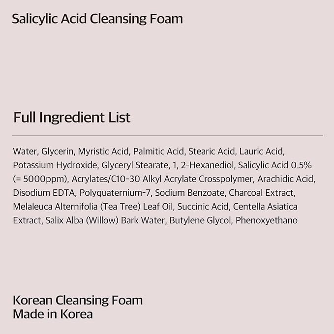eyeNlip Salicylic Acid Cleansing Foam 5.07 fl oz - Gentle Exfoliating Face Wash with Tea Tree and Charcoal for Clear, Refreshed Skin, Korean Skincare