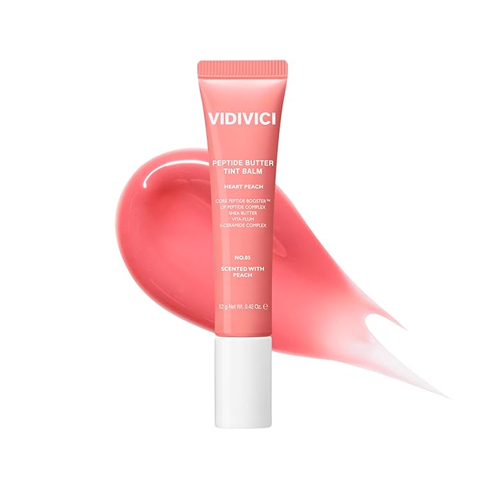 VIDIVICI Peptide Butter Tint Balm | 10 Color Variants, Moisturizing Lip Tint with Melting Peptide Complex™ & Sheer Tinted Glow - 05 HEART PEACH (12g, 0.42Oz)