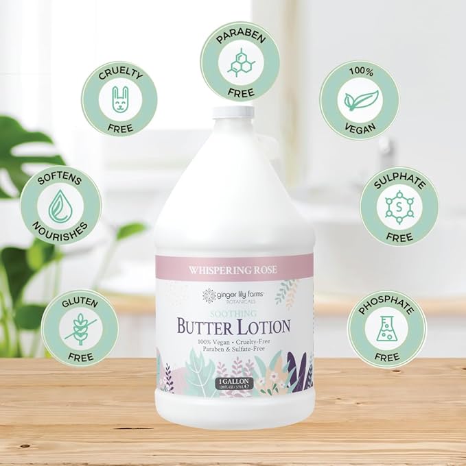 Ginger Lily Farms Botanicals Soothing Butter Lotion for Dry Skin, 100% Vegan & Cruelty-Free, Whispering Rose Scent, 1 Gallon (Pack of 4)