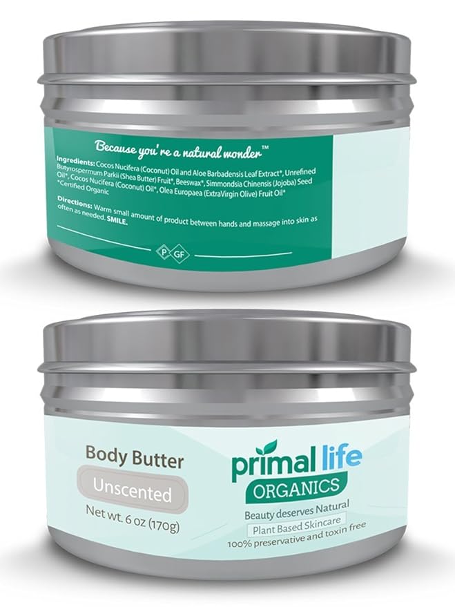 Body Butter - #1 RATED BEST - Fast, Effective Hydrating Butter for dry, rough skin - 100% Natural, Organic, Gluten-free - Soothes, heals, moisturizes, repairs - 6 oz. Unscented - Primal Life Organics