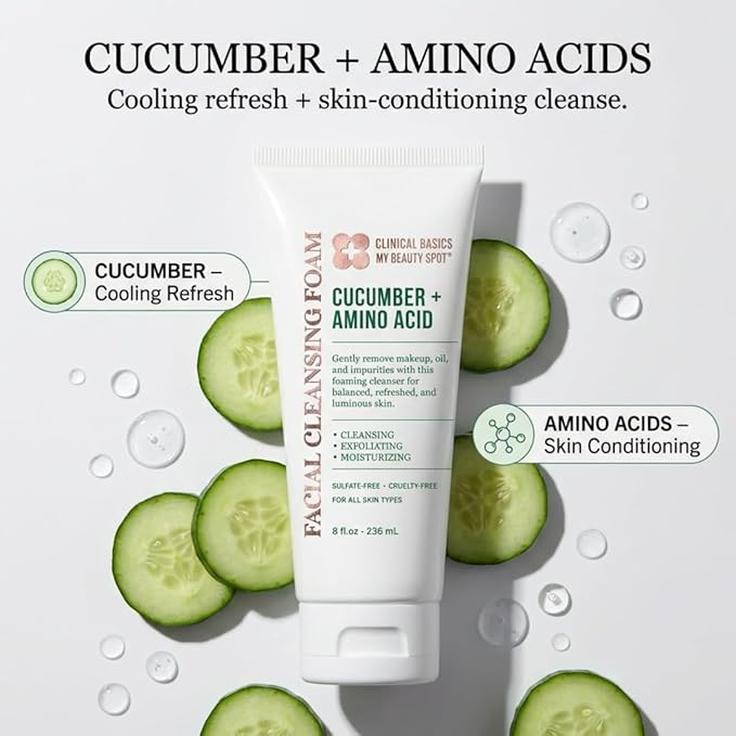 My Beauty Spot Cucumber + Amino Acid Facial Cleansing Foam, Gentle Foaming Face Wash for Moisturizing & Refreshing Skin, 8 oz