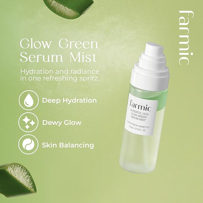 Superful Vegi Glow Green Serum Mist 2.7 fl.oz (80ml) | Aloe & Omija Vegan Facial Spray Essence | Soothing Calming Lightweight Moisturizer | Daily Skincare for All Skin Types