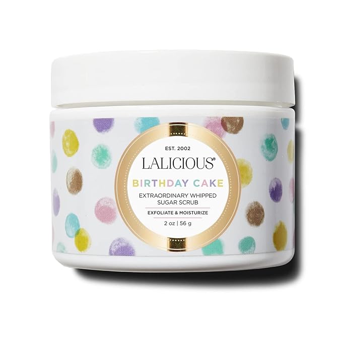 LALICIOUS Birthday Cake Shimmering Sugar Scrub for Body, Exfoliating Body Scrub, Moisturizing Body Exfoliator with Coconut Oil & Honey for Radiant Skin, Zero Greasy, No Parabens | TRAVEL SIZE (2oz)
