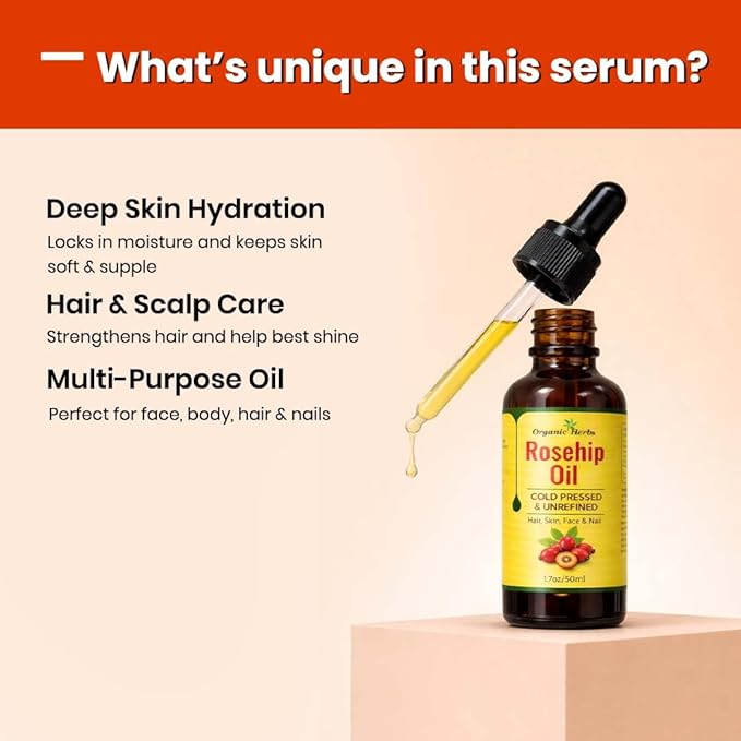 100% Pure Rosehip Seed Oil Cold Pressed and Unrefined Moisturizer Oil for Face, Hair, Skin & Nails | 1.7Oz/50ml