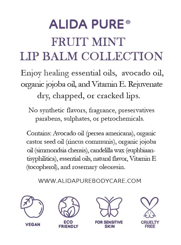 Fruit Mint Lip Balm Collection, Vegan Set, Bees Wax Free, Coconut Oil Free, with Organic Jojoba and Avocado Oil, Vitamin E, Natural Moisturizer For Dry Cracked Lips, 3 Tube Set