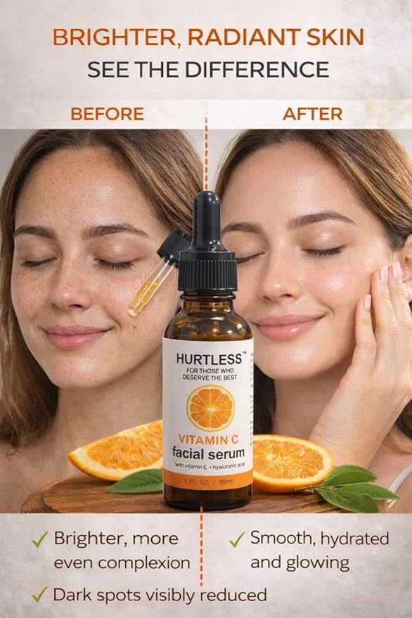 HURTLESS Vitamin C Face Serum with Hyaluronic Acid, Brightening Serum for Dark Spots, Dull Skin, Hydrating, Fragrance Free, Fast Absorbing, Cruelty-Free Skin Serums for Dry Skin- 30 ml / 1.01 fl oz