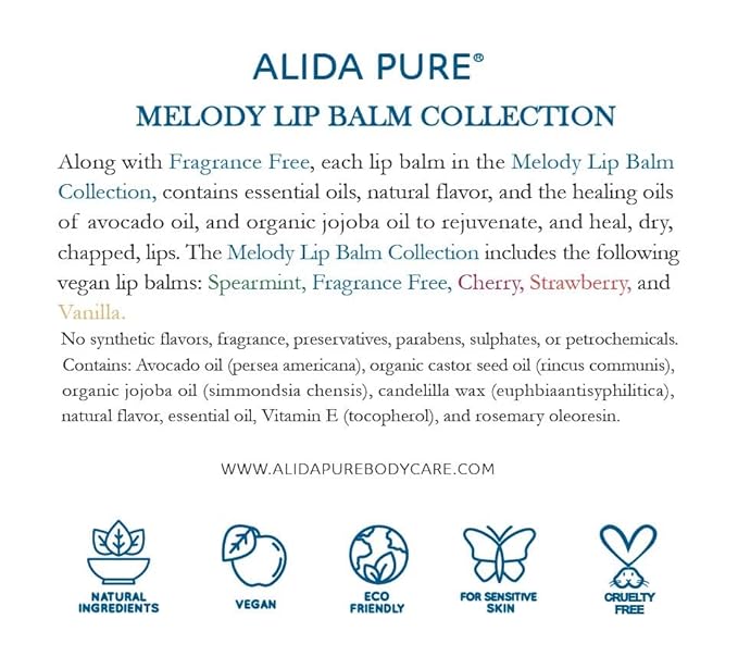 ALIDA PURE Melody Lip Balm Collection, Vegan, Lip Balm, Beeswax Free, with Avocado Oil, Organic Jojoba Oil, and Vitamin E, Natural Moisturizer for Dry, Chapped Lips, 5 Tube Set