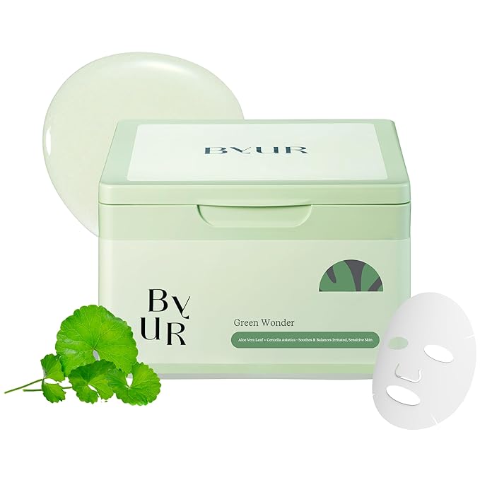ByUR Green Wonder Daily Aqua Serum Mask (30 Count) Hydrating Moisturizing Face Mask, Soothing & Redness Treatment, Centella & Tea Tree, Sensitive & Dry Skin, Pore Tightening, Vegan K-Beauty Skincare