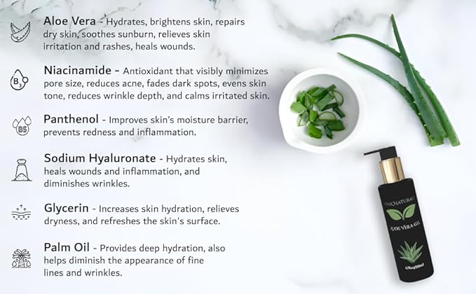 Aloe Vera Gel made with fresh 100% Pure Aloe - Sunburn Relief - Calms Irritated Skin - Hydrates - With Niacinamide - For Face, Body, and Hair - Vegan, No Fragrance - 200ml