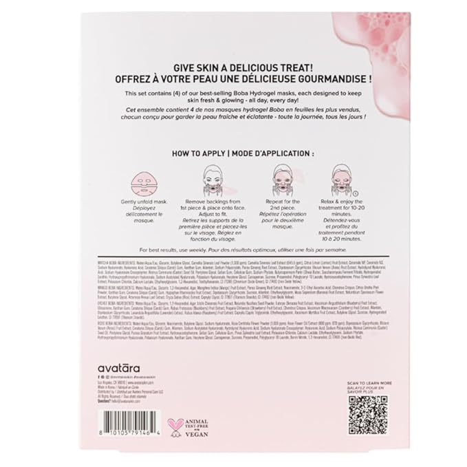 Avatara Boba Goals 4-Pack Variety Hydrogel Mask Set, Rose Boba, Matcha Boba, Mango Boba & Lychee Boba | 1.05 fl. oz / 30 g