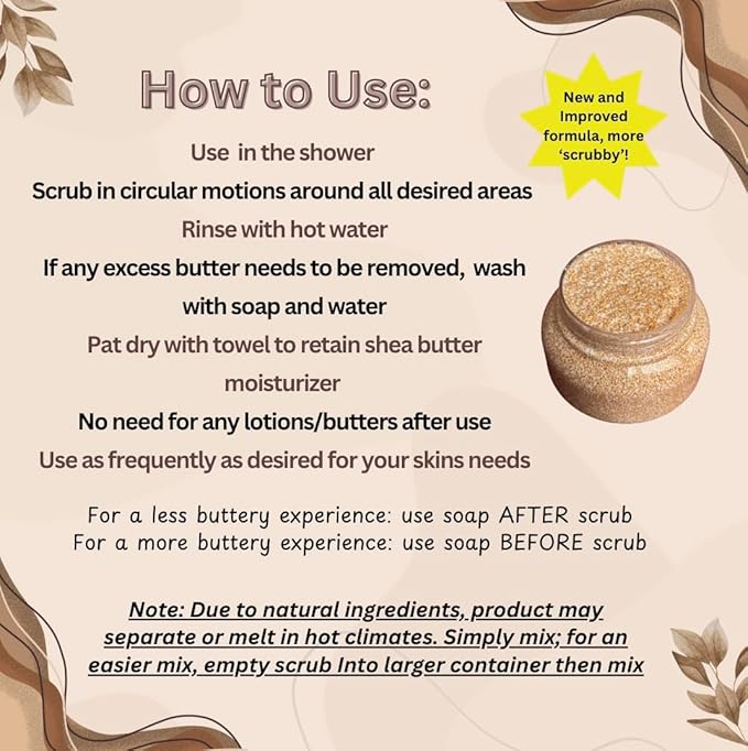 Shea Butter Sugar Scrub, 2-in-1 All Natural Full Body Exfoliant and Moisturizer, 5 Simple Ingredients for Full Body Care, Nontoxic, Winter Shower Scrub, Cinnamon Oil