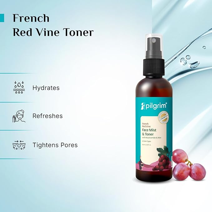 Pilgrim French Red Vine Face Mist & Toner with Niacinamide & Aloe | Hydrating Facial Spray for Oil Balance, Pore Care, Refreshing Glow | Alcohol-Free | 3.38 Fl Oz (100ml)