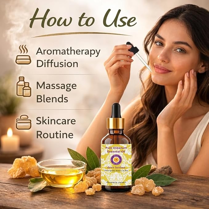 dève herbes Olibanum Essential Oil (Boswellia carterii) with Glass Dropper | Pure | Non-Sticky | Non-Greasy | Lightweight | Men & Women | All Skin Types | Steam Distilled 100ml X 2 (6.76 oz)