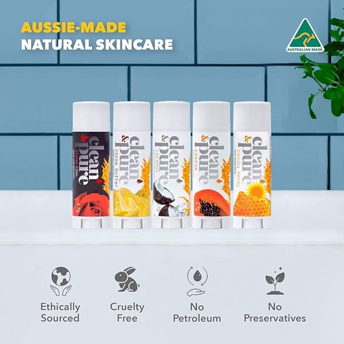 Clean & Pure Australian-Made Moisturizing Lip Balms 100% Natural (Bee Joyful, 5-Pack) and Vitamin E Oil | Flavored Lip Balm for Dry, Chapped Lips | Made in Australia