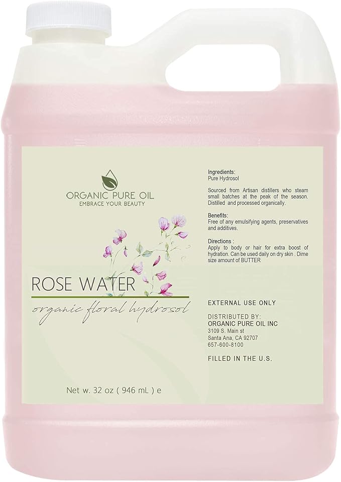 Rose Hydrosol Water, Pure Rosewater Spray Mist Bulk, Hydrating Face Toner Rose Water for Skin and Hair Linen Spray for Sheets Room Freshener Body Spray Refill By Organic Pure Oil, 32 oz