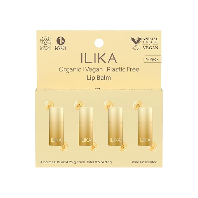 ILIKA 100% Natural Lip Balm - Organic, Plastic-free, Vegan, Cruelty-Free, Vitamin E, COSMOS Organic & PETA Certified Vegan, 4-Pack Unscented, All-Day Moisture, 0.15 oz each