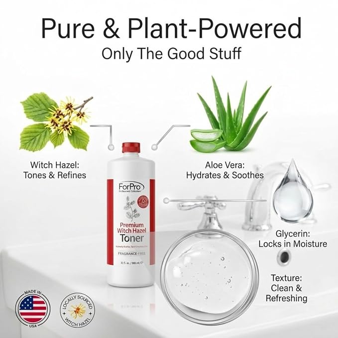 ForPro Witch Hazel Facial Toner with Aloe Vera & Glycerin, Alcohol-Free Face Toner for Sensitive Skin, Pore Minimizing, Hydrating & Soothing Cucumber Astringent, Fragrance-Free, Vegan, 32 Fl Oz