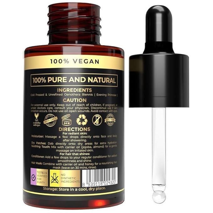 USDA Organic Evening Primrose Oil - 100% Pure & Natural for Skin & Face - Liquid Carrier for Essential Oils Mixing - Perfect Oil Control Face Moisturizer