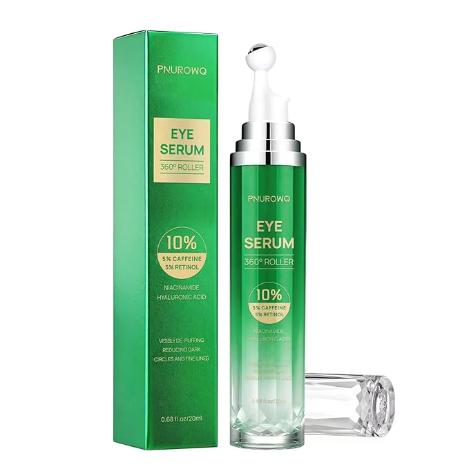 Eye Cream with 5% Caffeine Retinol Hyaluronic Acid, Eye Serum with 360° Roller Massage Ball for Puffy, Bags, Fine Lines, Dark Circles and Wrinkles, Under Eye Treatment Serum for Women & Men