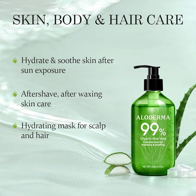 Aloderma Aloe Vera Gel - Large 17.6oz Value Pump - Made within 12 Hours of Harvest with 99% Organic Aloe Vera, Lightweight, Non-Sticky for Sunburns, Natural, Soothing Aloe Vera for Face & Hair