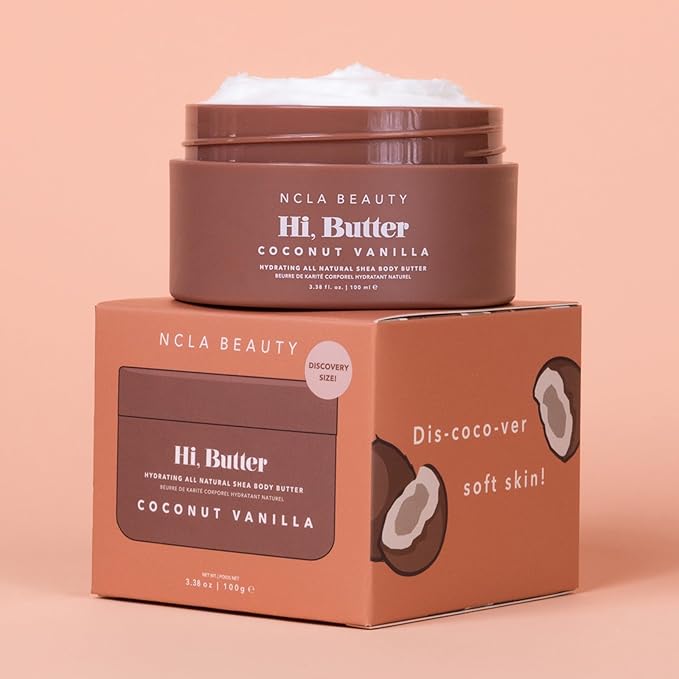 NCLA Beauty Hi Butter All Natural Body Butter - Body Moisturizer with Sunflower Oil and Shea, Cocoa, Mango Extracts - Coconut Vanilla - 3.4 oz