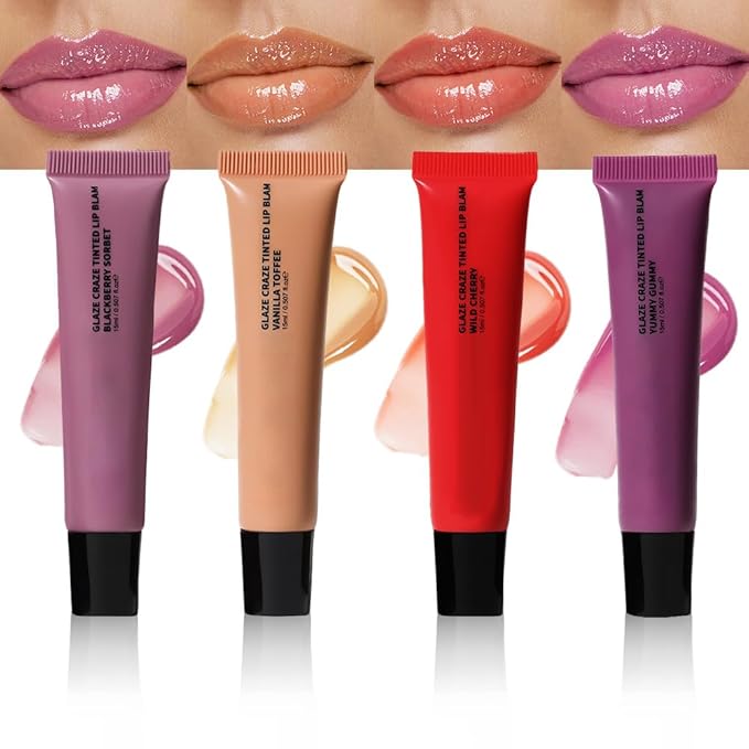 4Pcs Summer Lip Butter Lip Balm Glow Reviver Lip Gloss, Melting Lip Serum, Ultra-Hydrating Natural Vegan Lip Balm, Sheer-Tinted Shine & Hydration, Soothes & Softens Dry Lips (01+02+04+05)