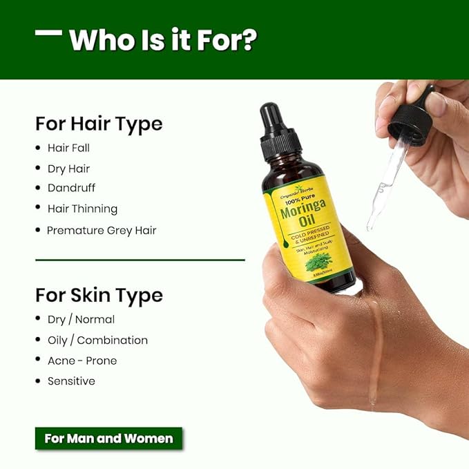 100% Pure Moringa Oil Cold Pressed and Unrefined Moisturizer Oil for Hair, Scalp and Skin | 3.8Oz/100ml