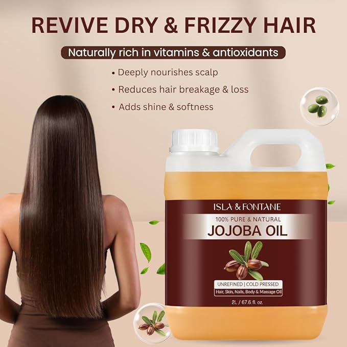 ISLA & FONTANE Jojoba Oil Set – 67.6 Fl Oz (2L) | 100% Pure & Natural | Golden, Unrefined, Cold Pressed | 2 Dropper Bottles & Massager | Hexane-Free Carrier Oil for Skin, Hair, Face, Nails & Body