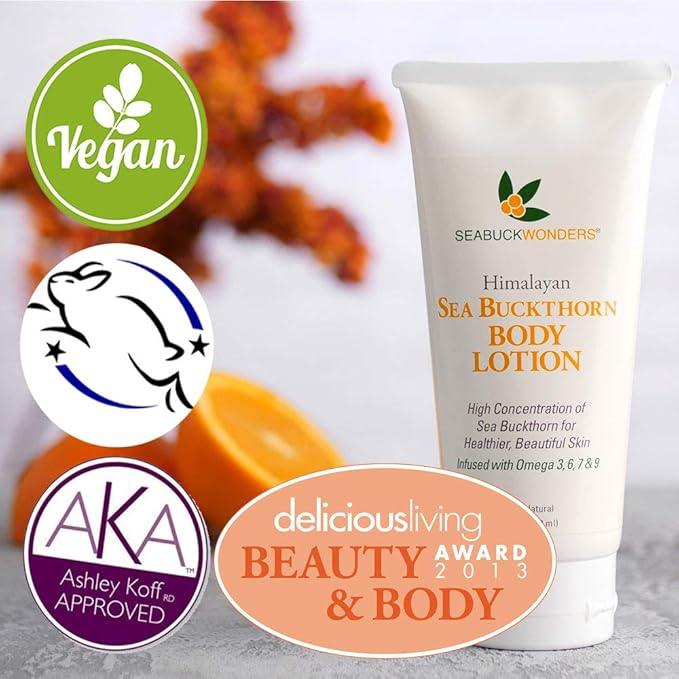 SeabuckWonders Organic Sea Buckthorn Body Lotion, Moisturizing Body Cream with Omega 3,6,7,9, Protects, Soothes Sensitive, Dry Skin, For All Skin Types, 6 Fl Oz