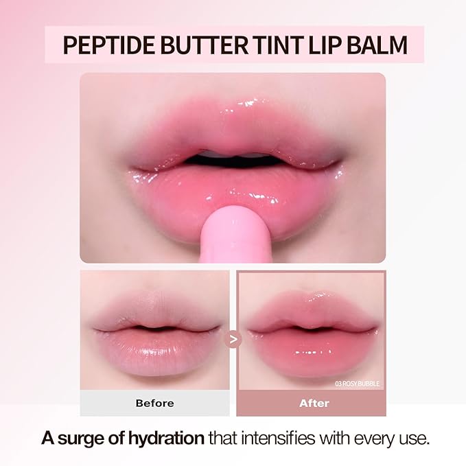 VIDIVICI Peptide Butter Tint Balm | 10 Color Variants, Moisturizing Lip Tint with Melting Peptide Complex™ & Sheer Tinted Glow - 03 ROSY BUBBLE (12g, 0.42Oz)