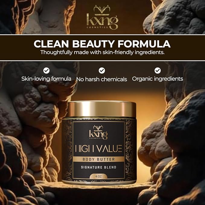 KXNG Cosmetics Shea Body Butter Cream – 4oz | Organic Body Butter for Men & Women with Shea, Cocoa, Mango & Coconut Oil | Deep Moisturizing Cream for Hands, Feet & All Skin Types – High Value