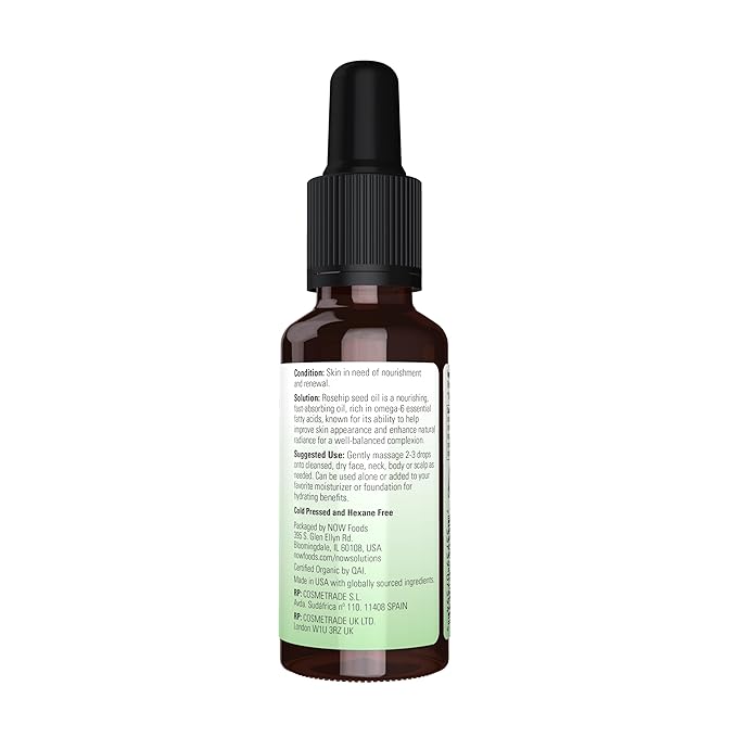 NOW Solutions, Organic Rose Hip Seed Oil, Certified Organic and 100% Pure, For Facial Care, Expeller Pressed, Vegan, Child Resistant Euro Dropper, 1-Ounce